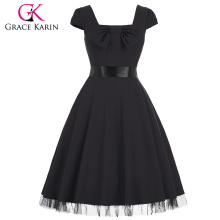 Grace Karin Stock Cap Ärmel quadratischen Hals High Stretchy Schwarz Retro Vintage Kleid CL008951-1